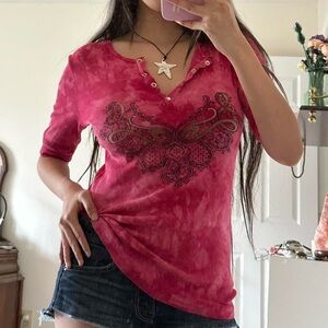 Y2K punk Henley top with hot pink coloring and a biker type of design